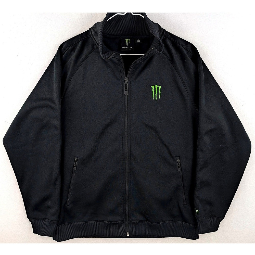 Monster Energy Men's Black Track Jacket Tagged L Runs Small Full Zip Logo